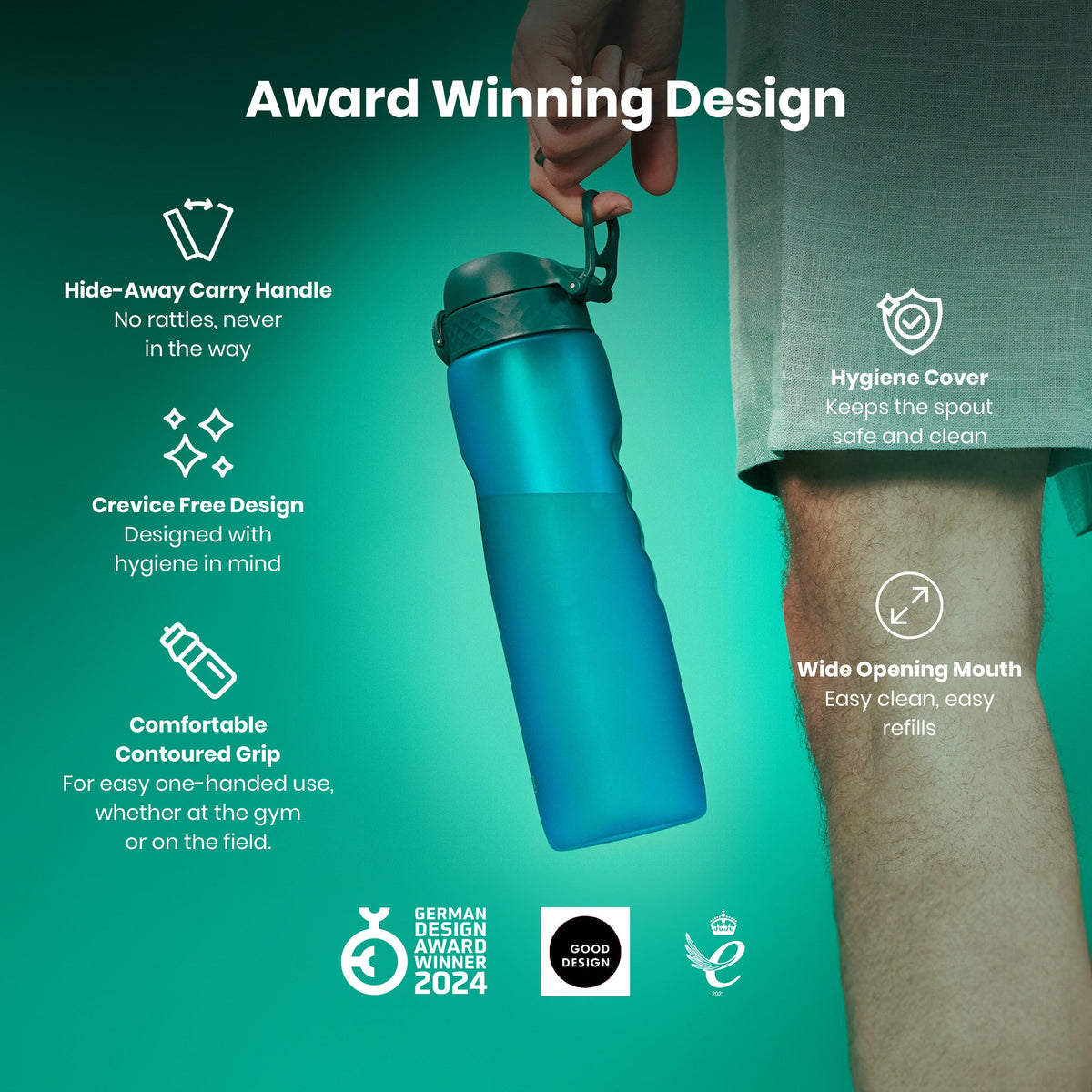 A teal water bottle stands upright against a white background. The bottle has measurement markings and the logo "ION8".