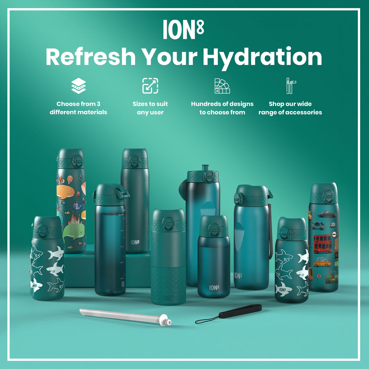 A teal water bottle stands upright against a white background. The bottle has measurement markings and the logo "ION8".