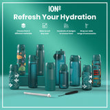 A teal water bottle stands upright against a white background. The bottle has measurement markings and the logo 