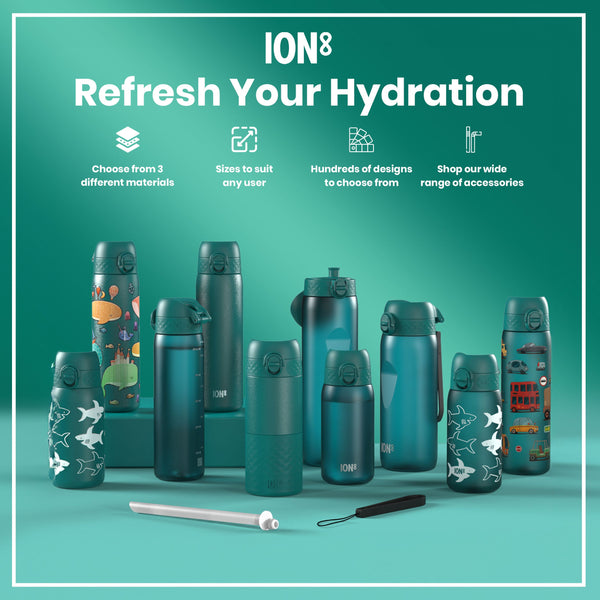A teal water bottle stands upright against a white background. The bottle has measurement markings and the logo "ION8".