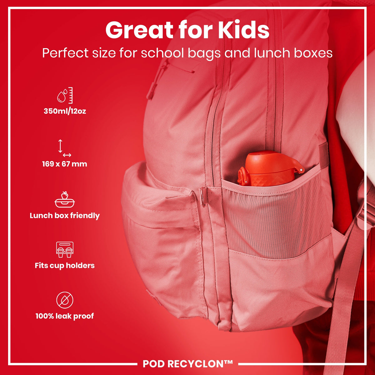 Leak Proof Kids Water Bottle, Recyclon, Red, 350ml (12oz)