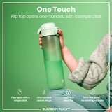 A light green water bottle is held; its flip top opens one-handed. The bottle is shown against a green background. 