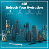 Several teal water bottles, of varying sizes and designs, are displayed on a teal surface. They are arranged together, showcasing variety. The background promotes the brand, ION8, and highlights material, size, design, and accessory options.