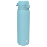A light-blue water bottle stands upright against a white background. The bottle has a hinged lid and the word 