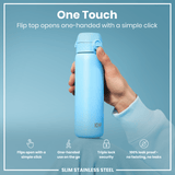 A light-blue water bottle is held; its flip top opens with a single click. The context is a product advertisement highlighting its one-handed use, triple lock security, and leak-proof design. 