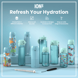 Several ION8 water bottles, in various sizes and designs, are displayed on a light blue surface. Accessories are also shown. The text reads: 