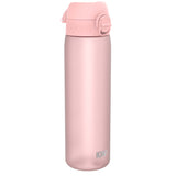 A pink water bottle stands upright against a white background. The bottle has a pink lid and the word 