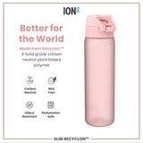 A pink water bottle sits against a white background; it is made from a plant-based polymer and is dishwasher safe. Better for the World. Made from Recyclon™. A food grade carbon neutral plant based polymer. Carbon Neutral. BPA Free. Odour Resistant. Dishwasher Safe. SLIM RECYCLON™.