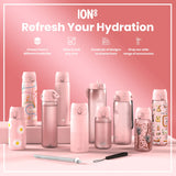 Several pink ION8 water bottles, in various sizes and designs, are displayed on a pink surface. Accessories are shown. The text reads: 