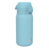 A light-blue water bottle stands upright against a white background. The bottle features a carrying handle and the logo 