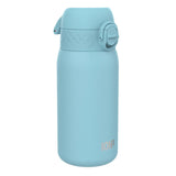 A light-blue water bottle stands upright against a white background. The bottle features a carrying handle and the logo 
