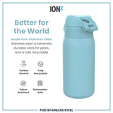 A light-blue water bottle stands upright against a white background. The bottle features a carrying handle and the logo 