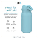 A light-blue stainless steel water bottle sits on a white background. It's described as better for the world, durable, recyclable, carbon neutral, odour resistant and dishwasher safe.