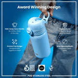 A light-blue water bottle stands upright against a white background. The bottle features a carrying handle and the logo 