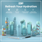 Several water bottles, various sizes and designs, are displayed on a light blue surface; 
