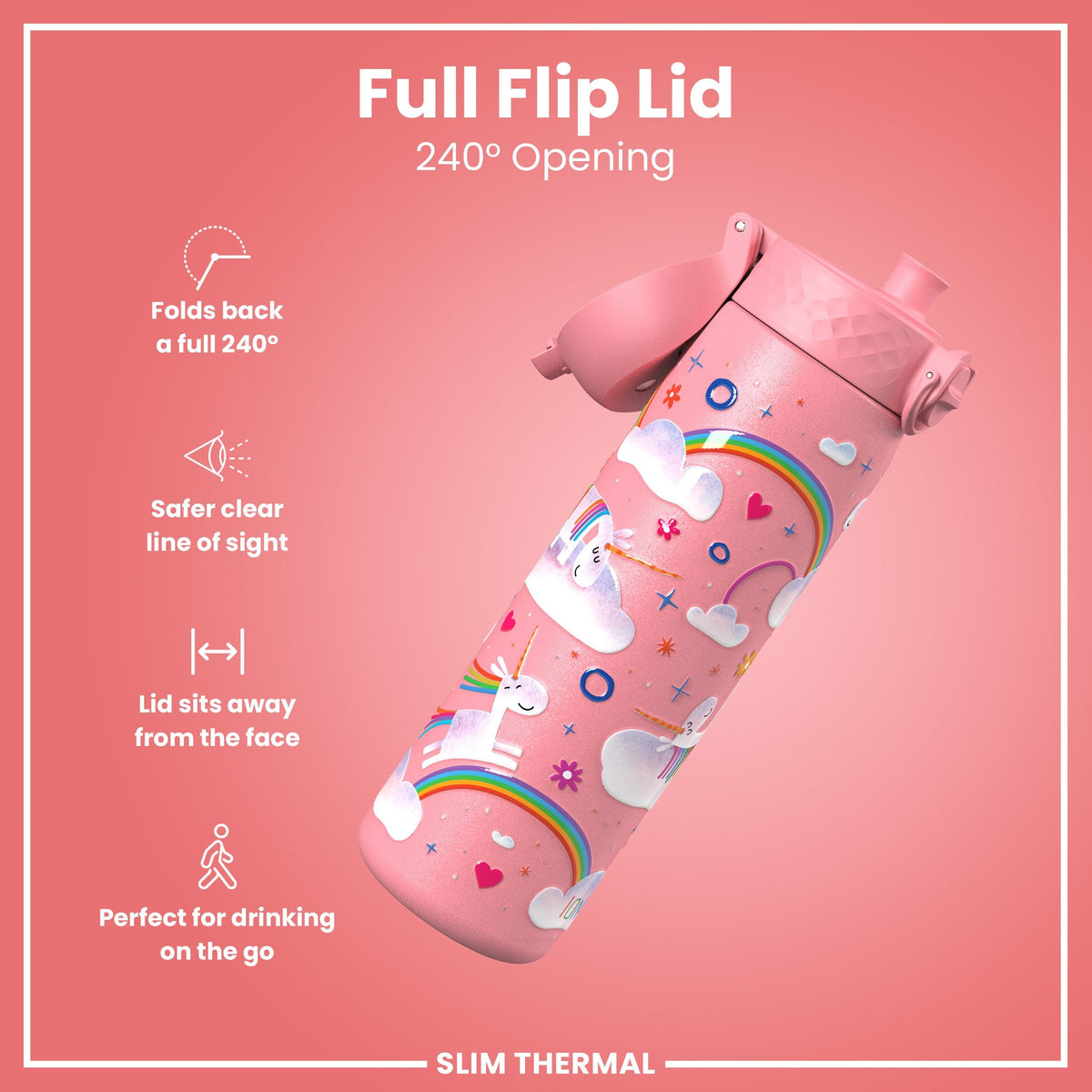 Leak Proof Slim Thermal Steel Water Bottle, Insulated, Unicorn, 500ml (17oz)