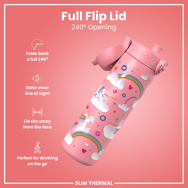 Leak Proof Slim Thermal Steel Water Bottle, Insulated, Unicorn, 500ml (17oz)
