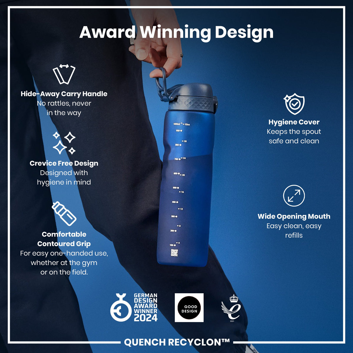 Leak Proof 1 litre Water Bottle, Recyclon, Navy, 1L