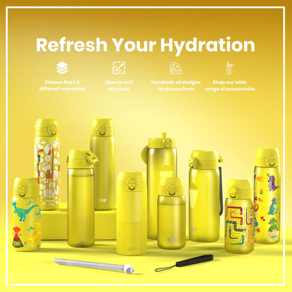 Yellow water bottles, various sizes and designs, are displayed on a yellow background. A tagline reads "Refresh Your Hydration". Additional text describes material options, sizing, design choices and accessories.
