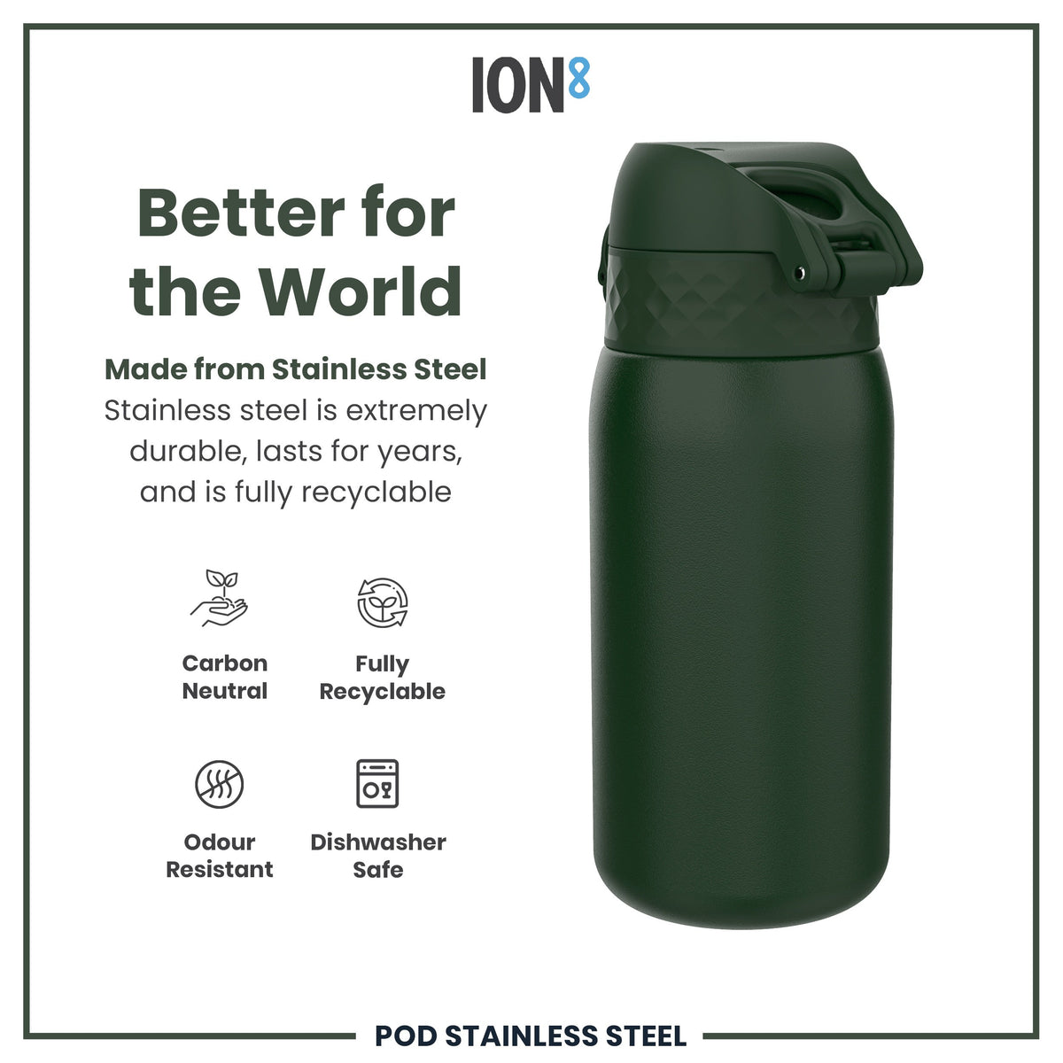 Leak Proof Kids Water Bottle, Stainless Steel, Dark Green, 400ml (13oz)