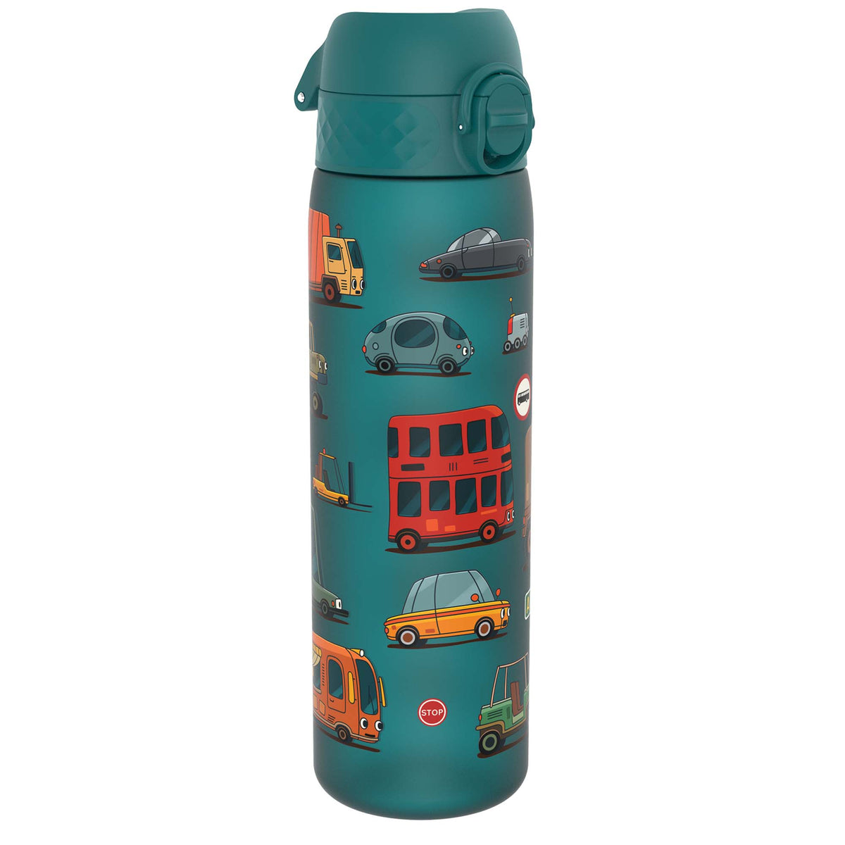 A teal water bottle stands upright, displaying various cartoon vehicles on its surface against a white background. The bottle features a teal lid with a flip-top opening mechanism. A small red circle with the word "STOP" is visible near the bottom.