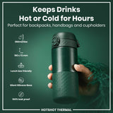 A dark-green thermos is held, showcasing its ability to keep drinks hot or cold for hours; it’s perfect for bags and cupholders. The thermos is 360ml/12oz and measures 190 x 72 mm. It's lunchbox friendly, leakproof, and has a silent silicone base.