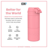 A pink, insulated stainless steel thermos sits against a white background; it is durable, recyclable, dishwasher safe, and odour resistant. The text reads: 