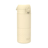 A pale yellow, cylindrical water bottle with a textured base and hinged lid sits against a white background. The bottle is labeled 