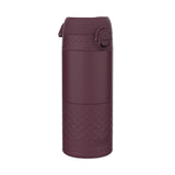 A dark-burgundy ION8 water bottle sits upright against a white background. The bottle features a textured, diamond-patterned base and a hinged, snap-on lid.