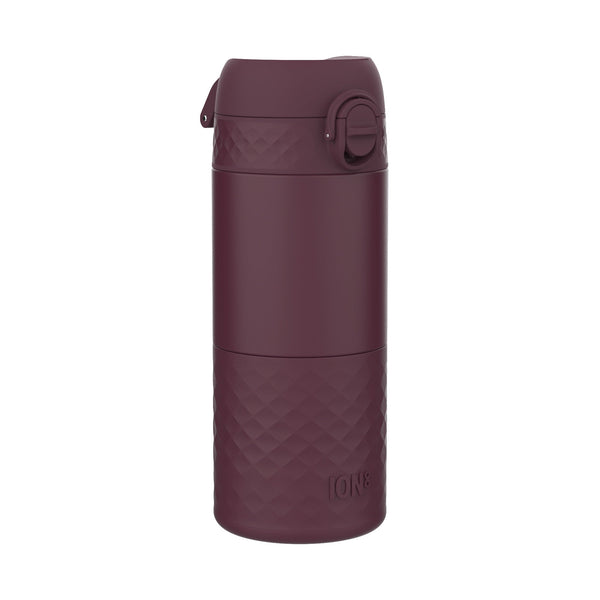 A dark-burgundy ION8 water bottle sits upright against a white background. The bottle features a textured, diamond-patterned base and a hinged, snap-on lid.