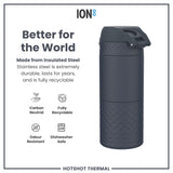 A dark-grey, insulated steel thermos sits on a white background; it is durable, recyclable, and dishwasher-safe. The text advertises it as 