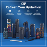 Various ION8 water bottles, in different sizes and designs, are displayed on a blue surface. Choose from 3 different materials. Sizes to suit any user. Hundreds of designs to choose from. Shop our wide range of accessories.