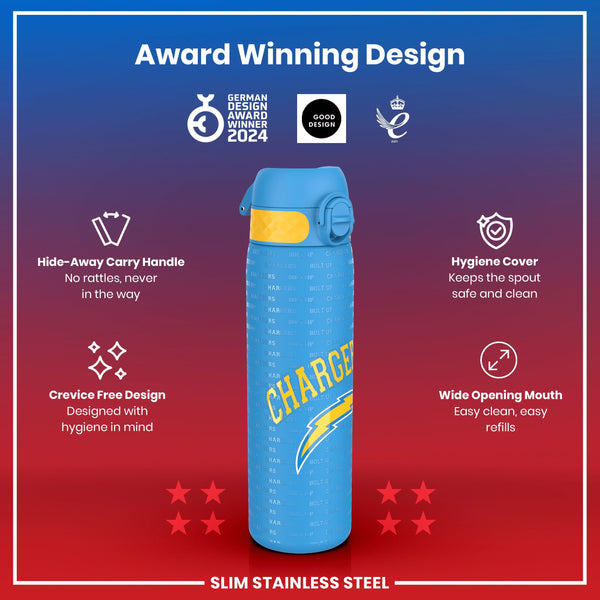 Leak Proof NFL Water Bottle, Stainless Steel, Los Angeles Chargers, 600ml (20oz)