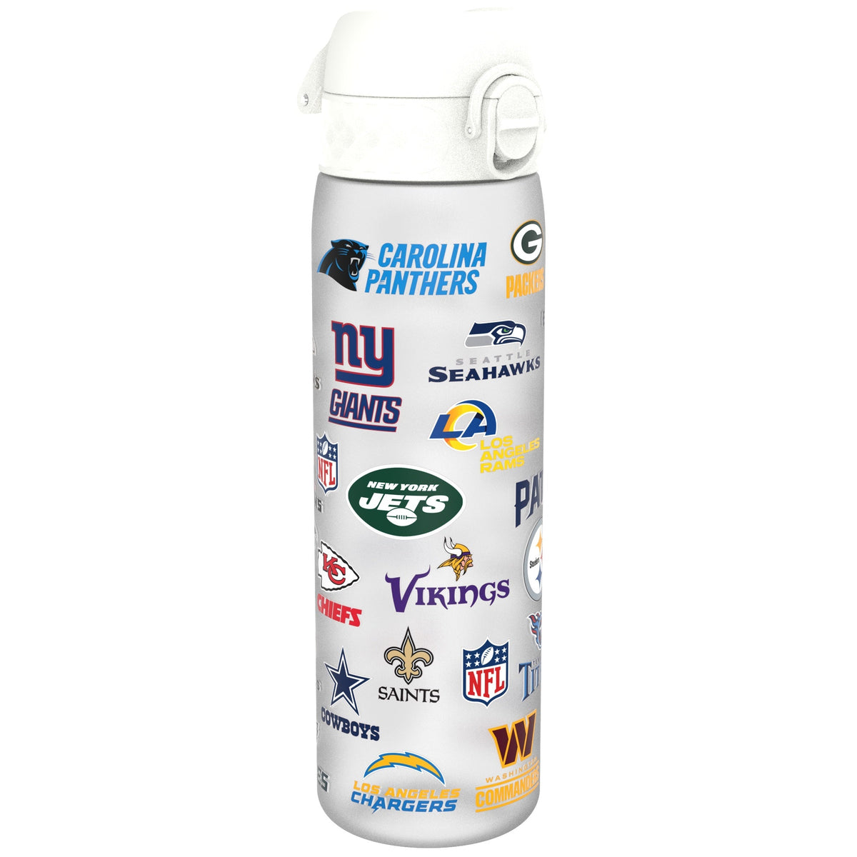 A black water bottle, adorned with various NFL team logos, stands against a white background.