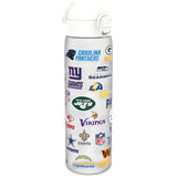 A black water bottle, adorned with various NFL team logos, stands against a white background.