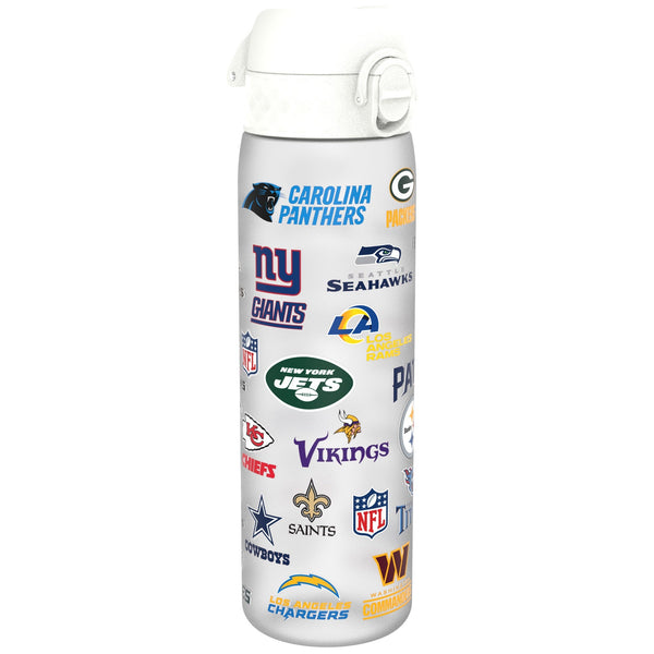 A black water bottle, adorned with various NFL team logos, stands against a white background.
