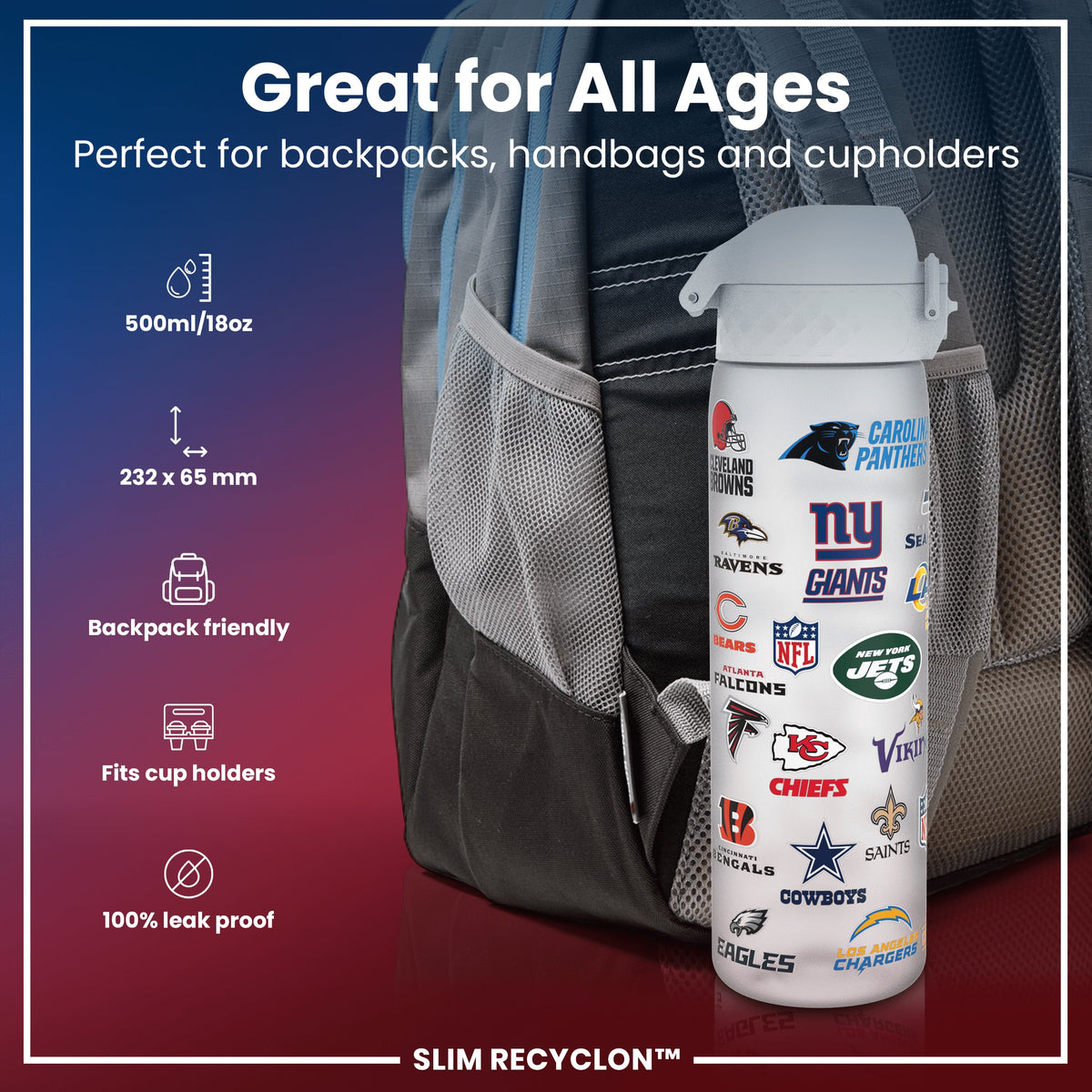 A black water bottle, adorned with various NFL team logos, stands against a white background.