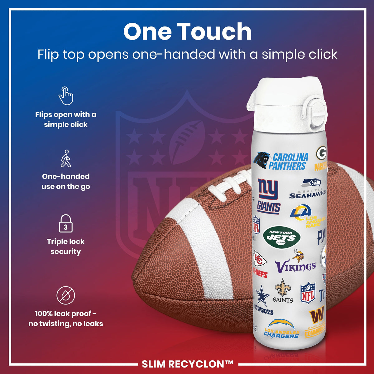 A black water bottle, adorned with various NFL team logos, stands against a white background.