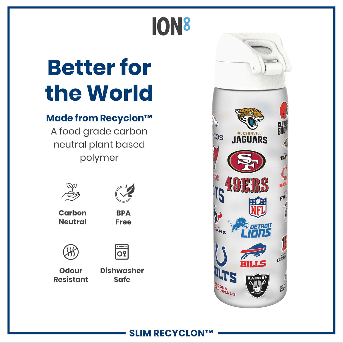 A black water bottle, adorned with various NFL team logos, stands against a white background.