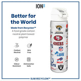 A black water bottle, adorned with various NFL team logos, stands against a white background.