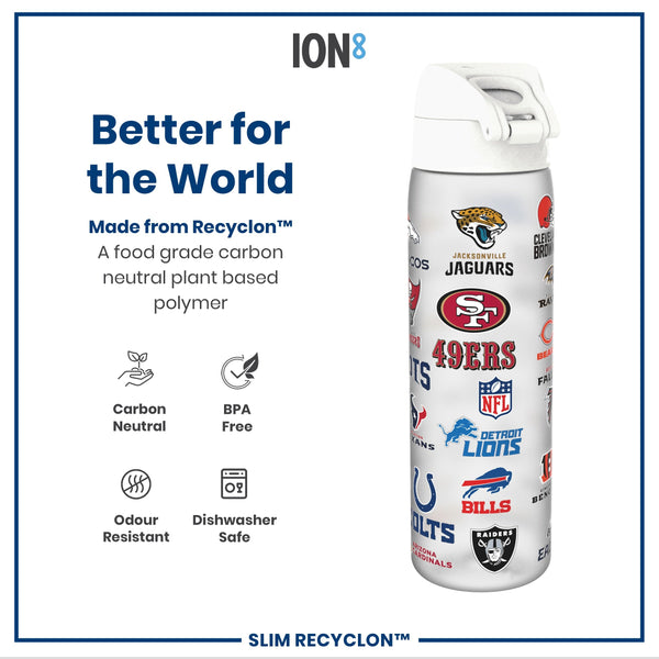 A black water bottle, adorned with various NFL team logos, stands against a white background.