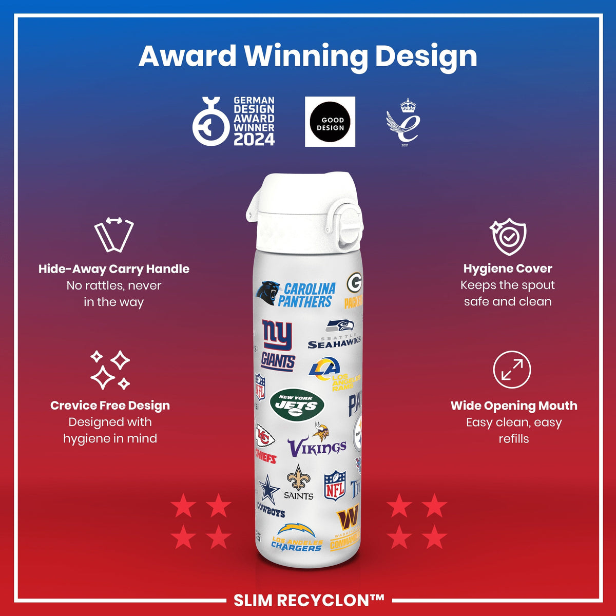 A black water bottle, adorned with various NFL team logos, stands against a white background.