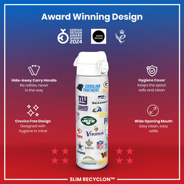 A black water bottle, adorned with various NFL team logos, stands against a white background.