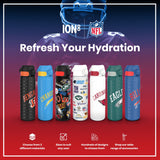A black water bottle, adorned with various NFL team logos, stands against a white background.
