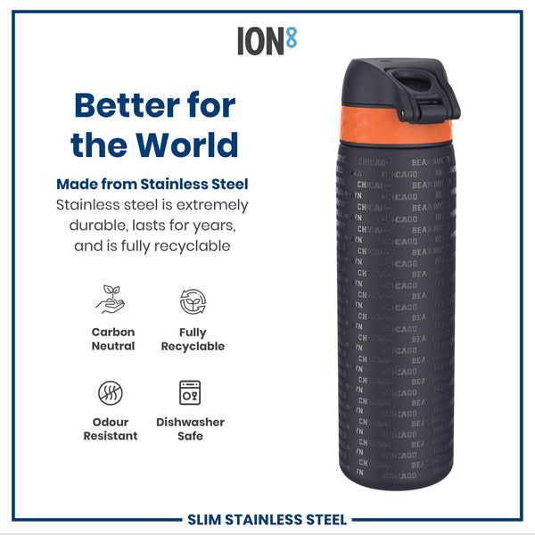 A stainless steel water bottle stands upright. Its body is dark gray with embossed text, and it has an orange band and black lid. It's shown against a white background with promotional text about its features. "Better for the World," "Made from Stainless Steel," and several product attributes are highlighted.