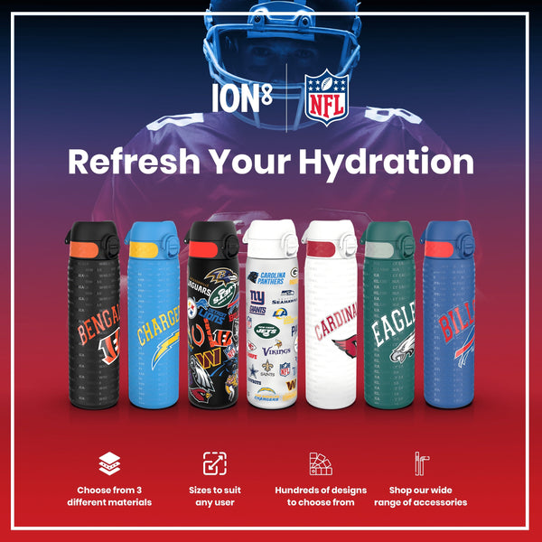 Six water bottles, displaying various NFL team logos, are arranged on a red background. The bottles are shown to advertise hydration. The text includes "ION8 NFL," "Refresh Your Hydration," and details about materials, sizes, designs, and accessories.