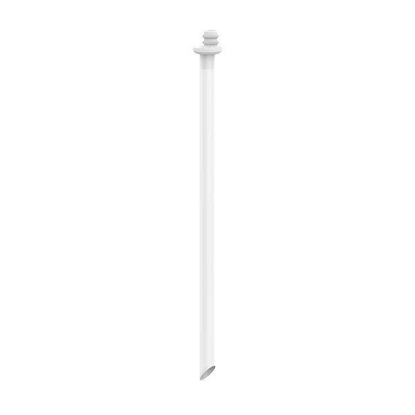 A long, slender white pole with a screw-like top end stands upright against a plain white background, displaying no discernible action or interaction with other objects or elements.
