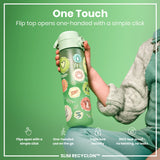 A light-green water bottle, decorated with drawings, is held; its flip top opens one-handed. The bottle is shown against a green backdrop. 