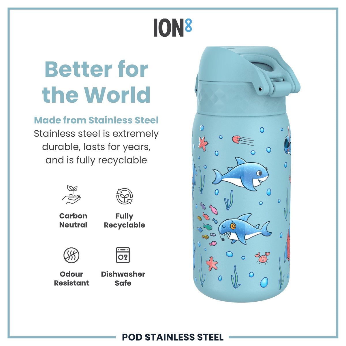 Leak Proof Kids Water Bottle, Stainless Steel, Sharks, 400ml (13oz)