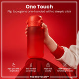 A red water bottle is held; its flip top opens one-handed. The background is red; text highlights ease of use and leakproof design. 